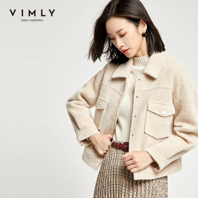Vimly/зимняя женская короткая куртка Элегантная однобортная однотонная свободная