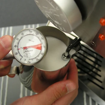 

Close up of milk temperature gauge on milk frother, Espresso milk frothing Thermometers For Coffee Latte or Cappuccino