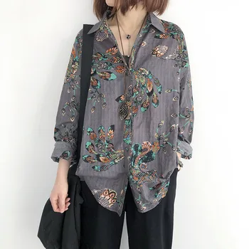 

Women printing Blouses Basic Single-breasted Long Sleeve lapel Shirt Female linen Women's loose Clothing casual Tops for femme