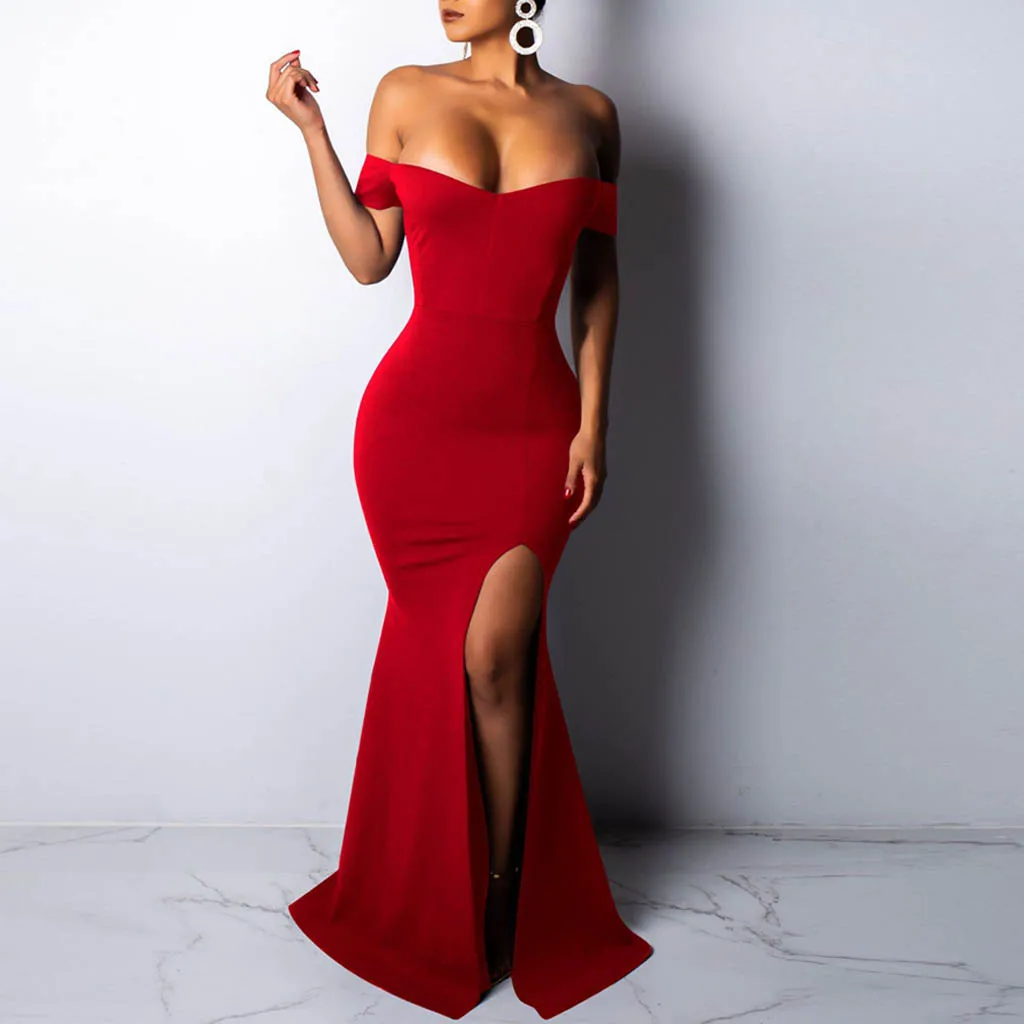

maxi Women Sexy Dress Sleeveless solid off shoulder Party club night Gown Slit Prom solid long Dresses cocktail party vestito