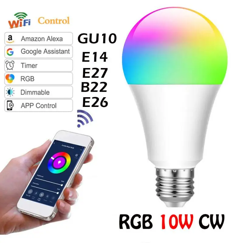 E27 B22 E26 E14 GU10 умная RGB wifi лампа 10 Вт Светодиодная лампа с регулируемой яркостью разноцветные умные лампы Голосовое управление работа с Alexa Google home