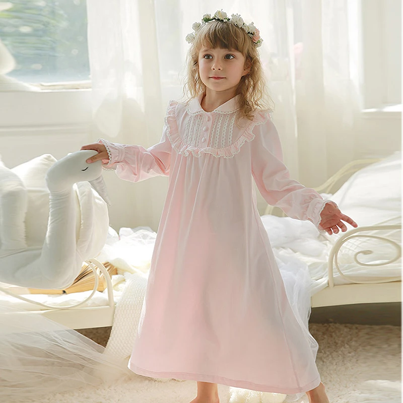 Children Girl's Lolita Dress Princess Sleepshirts Vintage Turndown Collar Nightgowns.Victorian Kid's Nightdress Lounge Sleepwear top Sleepwear & Robes