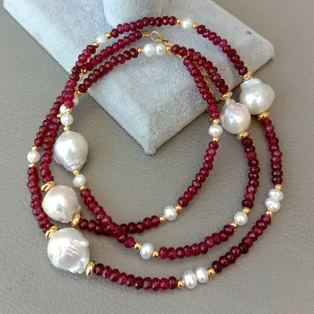 

32'' Freshwater White Keshi Pearl Red J1ade Long Necklace