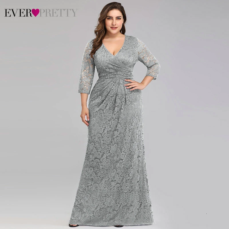 Кружевные длинные платья русалки размера плюс для выпускного вечера Ever Pretty EZ07682NB элегантные женские вечерние платья с v-образным вырезом и рукавом 3/4 - Цвет: Grey
