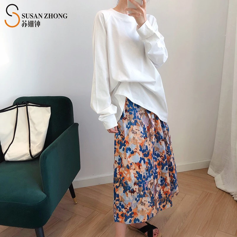 

Women Skirts Female Bottoms Elegant Autumn Winter A-Line Pleated Art Painting Print Zipper Waist Lining Vintage Office Chic