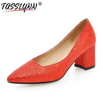 

TASSLYNN 2020 Women Pumps Shoes Spring Sequins Bling Slip on Square High Heels Autumn Pumps Shoes Woman Pointed Toe Size 34-43