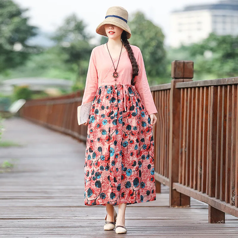 

2019 Autumn New Style Literature And Art Large Size Loose-Fit Joint Floral Printed Dress Women's Lace-up Waist Hugging Slimming