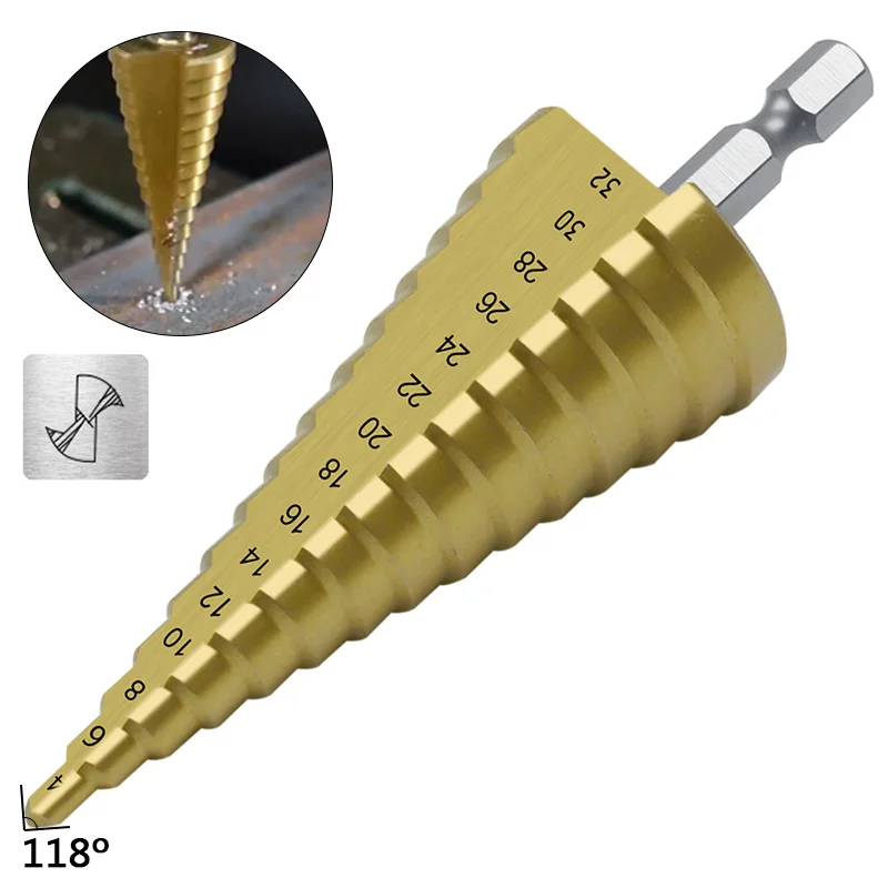 HSS step drill titanium coating 4-12mm 4-22mm 4-32mm taper hole cutter 1/4'' hex handle triangle handle bit for metal wood 4 32mm the pagoda shape hss triangle shank pagoda metal steel step drill bit hole cutter cut tool a single pack