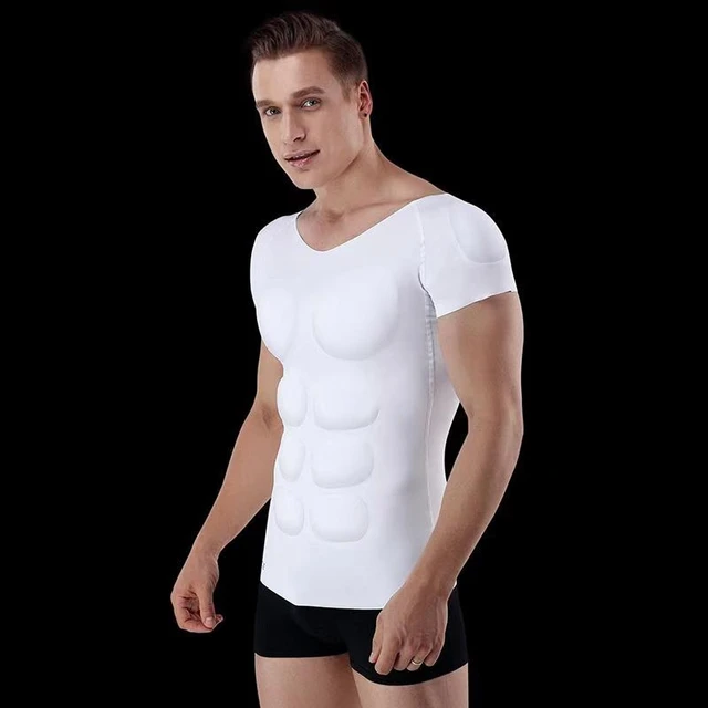 Prayger Men Muscles Shirt Male Invisible ABS Fake Chest Underwear Stomach 8  Pack Padded Tops Body Shaper Removable Inserts