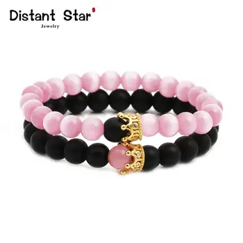 

trendy Men's pink blue Natural Stone Bracelet couple Black Beads Bracelet moonStone Crown bead Bracelet Jewelry for Men