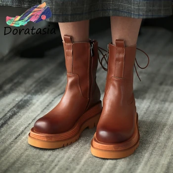 

DORATASIA Women Design Fashion Top Quality Shoes Low Heel Boots Women Genuine Leather Retro Round Toe Ankle Boots