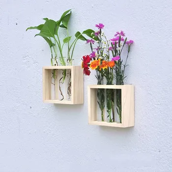 

Wall Hanging Crystal Glass Test Tube Vase In Wooden Stand for Flowers Plants Home Garden Cafe Bar Desktop Decoration Flower Pot