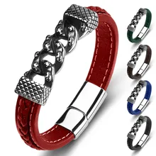 Хит, кожаные Прошитые браслеты в стиле панк, титановая сталь, Череп, цепочка на магните, застежка, креативный дизайн, браслеты для мужчин, ювелирные изделия, подарки ручной работы