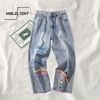 

HWLZLTZHTKorean Jeans Boyfriend Style Graffiti Straight Pants High Waist Loose-Fitting Jeans For Women Print Women's Denim Pants