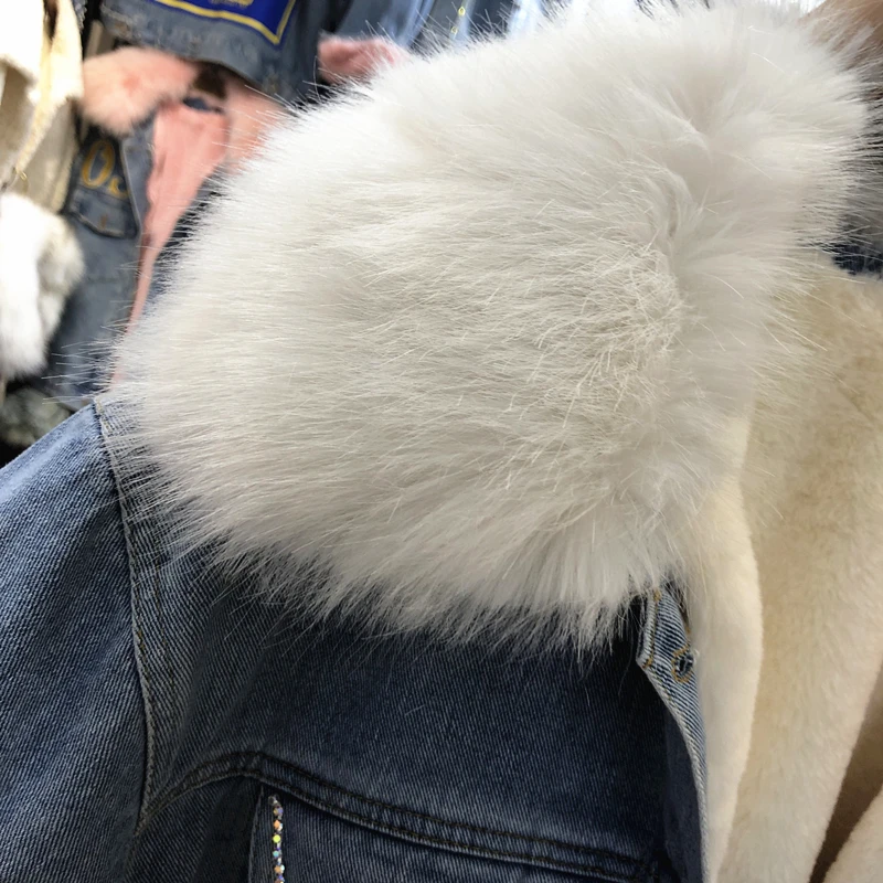 Imitation Fox Fur Collar Denim Jacket Women New Female Thicken Wool Inner Can Removable Fur Coat Lady Short Diamond Jackets