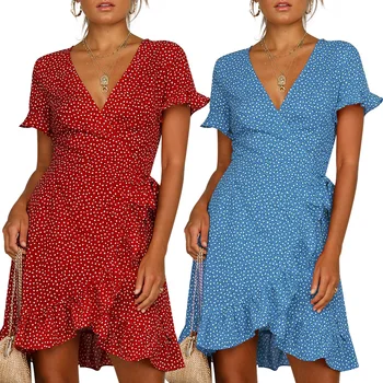 

Women Dresses Summer 2020 Sexy V Neck Polka Dot Boho Beach Dress Ruffle Short Sleeve A Line Mini Dress Wrap Sundress Robe femme