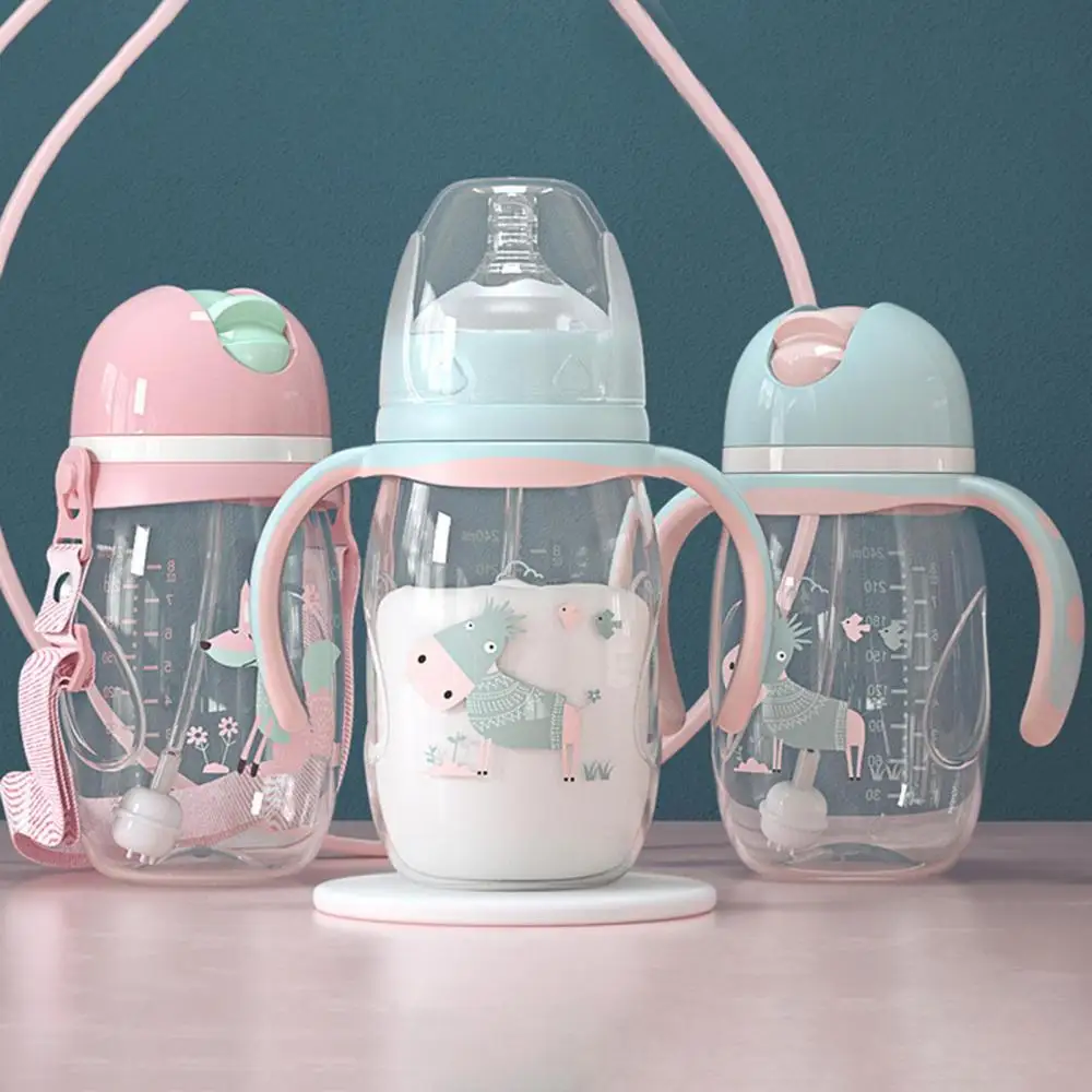 240ml/300ml Milk Bottle Infant Drop-proof Baby Wide-caliber with Straw Handle