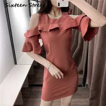 

2020 Summer Ruffle Sleeve Dress Woman Round Neck Show Slim Mini Dress Female Chic Runway Fashion Pink Solid Vestido