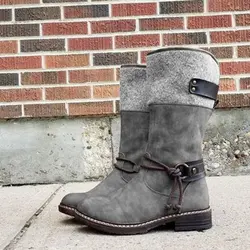 Women Mid-Calf Boots Round Toe Low-Heeled Non-Slip Boots Female Motorcycle Boots Buckle Strap Mid-Calf Boots 41 size