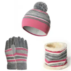 Dropshipping Kids Winter Woolen Yarn Knitted Pompom Hat Beanie Neck Scarf Gloves Warm Set
