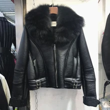 Большая кожаная куртка с воротником из натурального Лисьего меха женская новая шуба из натурального меха женские короткие пальто с подкладкой из искусственного меха ягненка Куртки из искусственной кожи