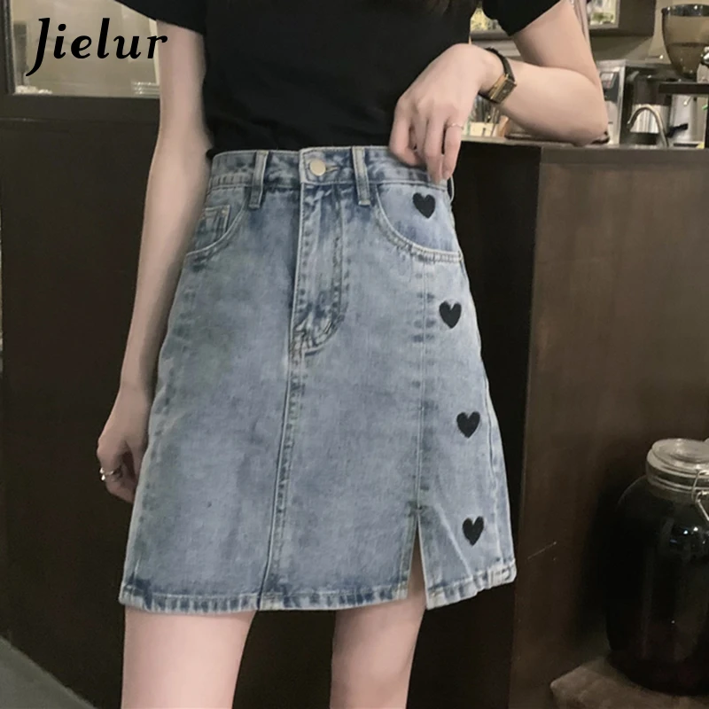 Jielur Preppy Style Jeans Skirts Women Chic Plus Size M-4XL Side Split Denim for Girls Skirt A-line Love Embroidered New | Женская