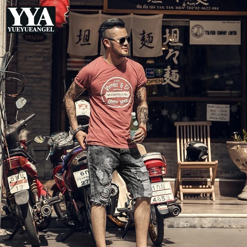 

Vintage Black Gray Washed Men Slim Fit Jeans Shorts Ripped Hole Short Pants Summer Casual Street Motocycle Denim Shorts for Men
