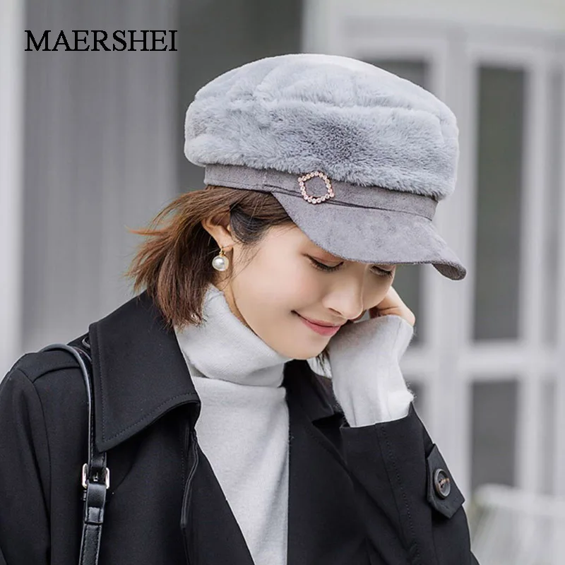 MAERSHEI/ Модные женские береты gorras, женская шапка в стиле милитари с кроличьим мехом, утолщенная теплая плоская кепка, восьмиугольные шапочки Newsboy