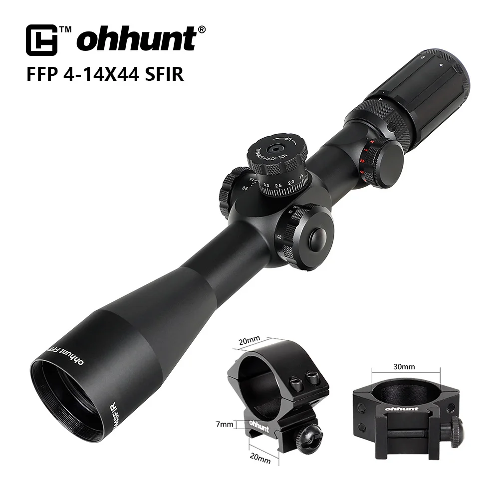 Ohhunt FFP 4-14X44 SFIR первый фокальный самолет охотничий прицел боковой Параллакс стекло гравированное сетка R \ G с подсветкой Блокировка сброса область - Цвет: Low Picatinny Rings