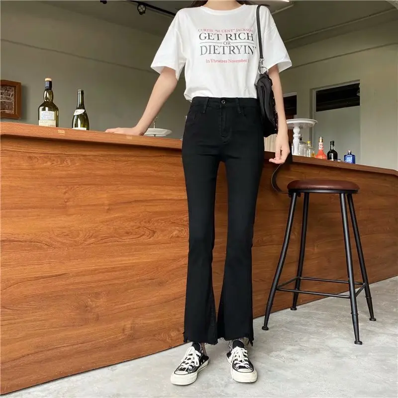 Джинсы женские черные облегающие с высокой талией модные однотонные брюки из