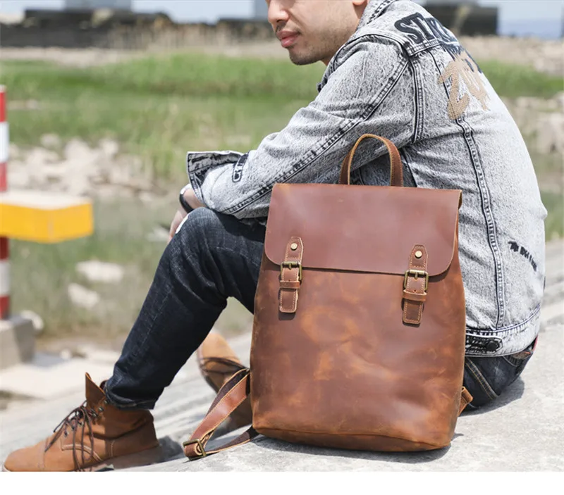 Outdoor Model Show of Woosir Large Backpack Leather Brown Minimal Design Rucksack