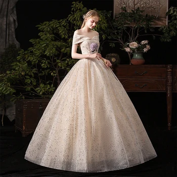

Free Shipping Vintage Wedding Dress Boat Neck Off the Shoulder Printing Style Bridal Wedding Gowns Robe De Mariage
