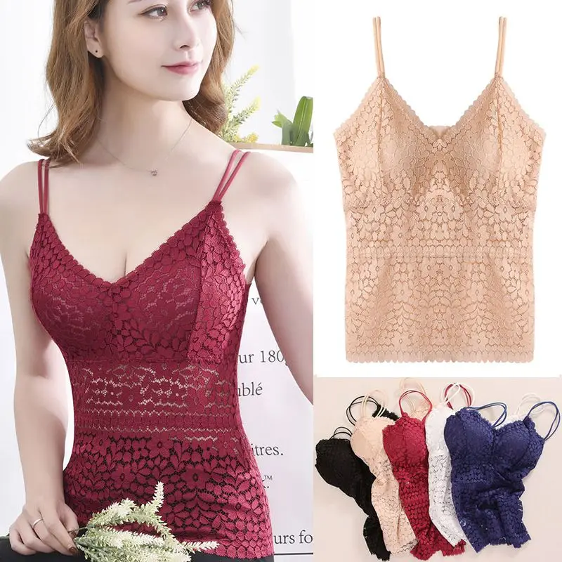  Women Solid Lace Bra With Chest Pad Base Wire Free Bra CanBe Worn Outside Floral Openwork Non-adjus