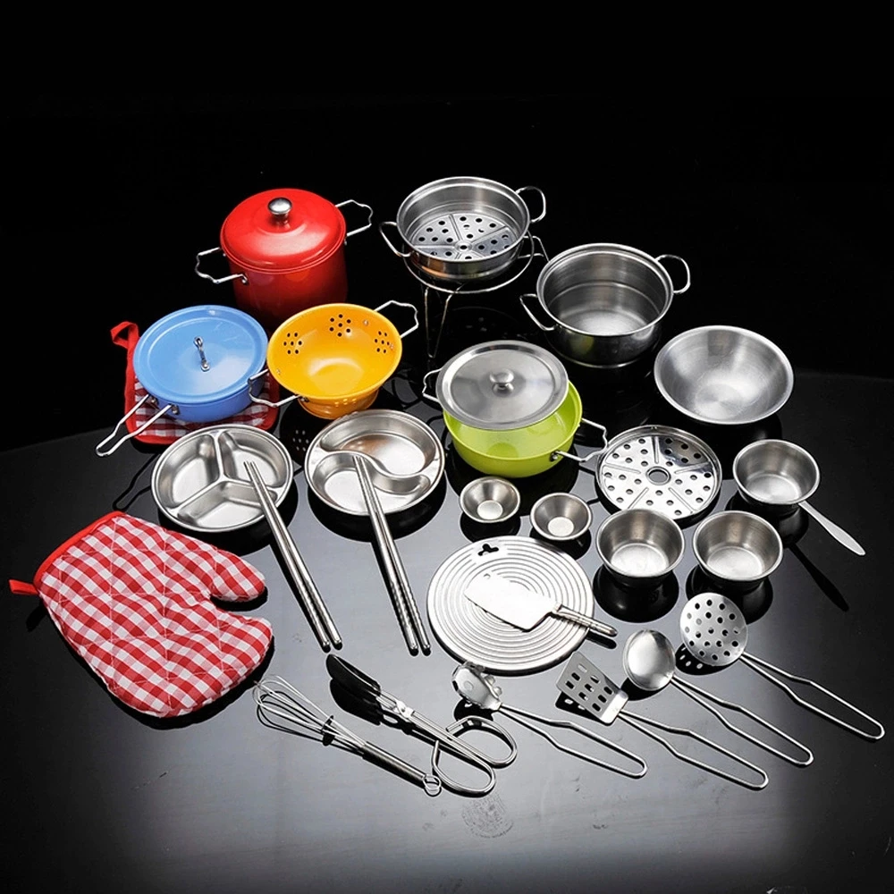 Kids House Play Kitchen Toys Stainless Steel Cookware Cooking Set ...