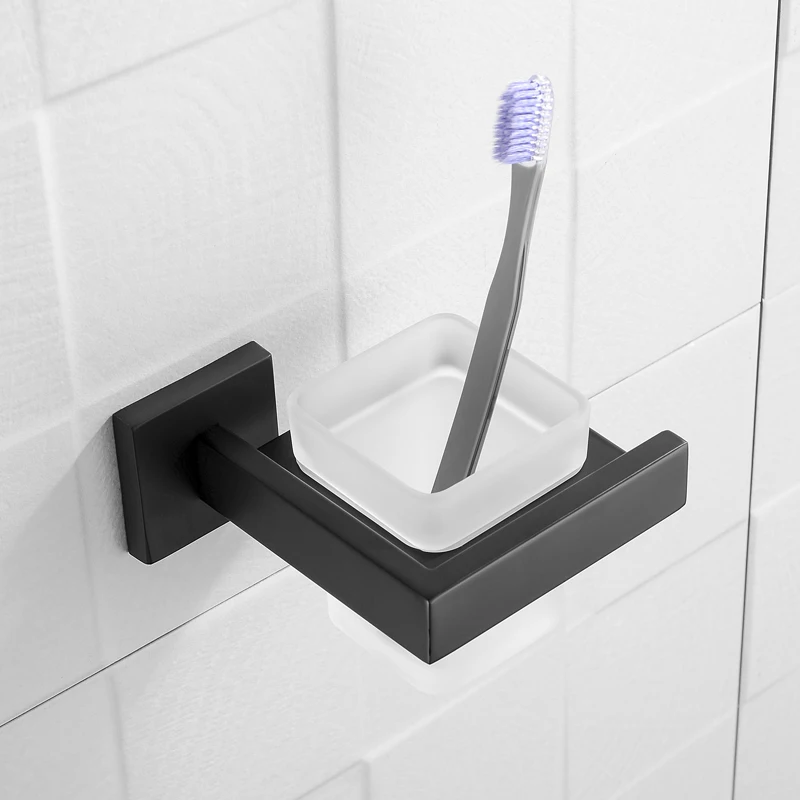 Matte Black Toothbrush Holder Tumbler Cup for Bathroom Wall Mounted Glass Toothpaste Holder Stainless Steel Accessories