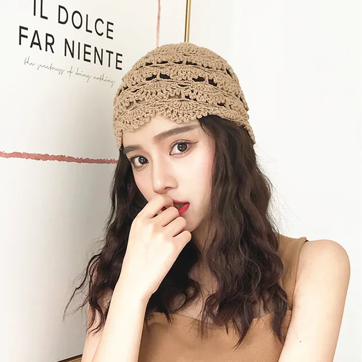 

JINGRUE 002 New women's cotton crochet knitted beanies Caps Autumn spring hollow-out handmade gorros Knitting hat