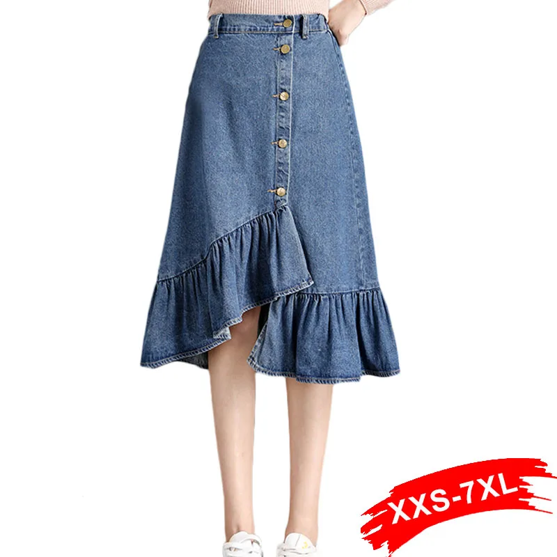 

Plus Size Button Up Asymmetrical Ruffles Midi Denim Skirts 4XL 7XL Women Streetwear Jeans Skirt Female Irregular Chic Skirts
