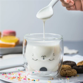 

Creative Transparent Double Walls Glass Cartoon Bear Cat Duck Coffee Mug Milk Juice Cute Cup Send Girlfriend Gift Cat Paw Cup