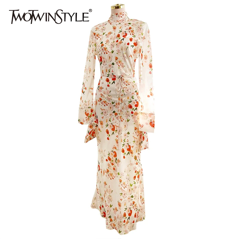 TWOTWINSTYLE, белое платье с цветочным принтом для женщин, водолазка, шнуровка, высокая талия, винтажные платья для женщин, осень, модная новинка