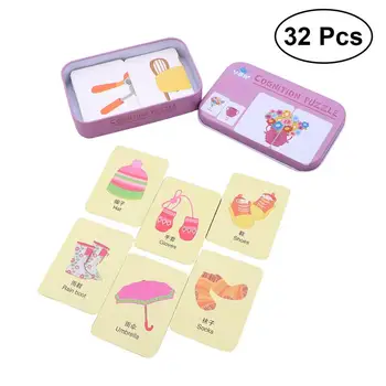 

32Pcs Cognition Puzzle Jigsaw Flash Cards Early Education Learning Toys with Tin Box (Living Supplies)