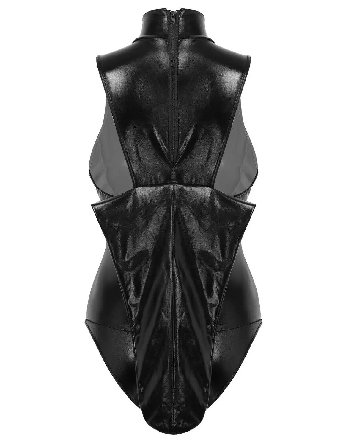 Women Shiny Metallic Leotard Bodysuit Mock Neck Arm Restraint Glove Nightwear Thong Catsuit Sexy Costume