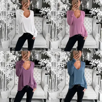 

Casual Long Shirts Top 2020 Spring New Women's T-shirts with Pocket Female Solid Loose Tee Shirt Big Sizes 3XL Deep V-Neck Shirt