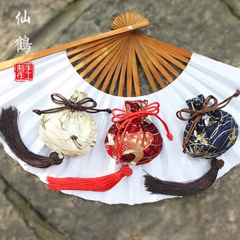 

Handmade Chinese Style Jewelry Storage Bag Crane Pattern Vintage Purse Sachet Tassel Pendant Printed Drawstring Bag Gift Bag