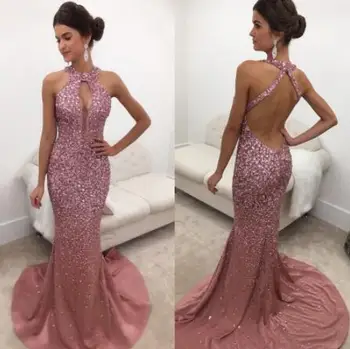 

Pink Sexy Mermaid Prom Dresses With Backless Halter Evening Gowns Floor Length Custom Made vestidos de fiesta de noche