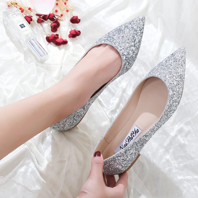 Fashion Women Flat Ballet Shoes Bling Pointed Toe Flats Shoes Elegant Comfortable Lady Shiny Flat Wedding shoes size 31-45 women loafers