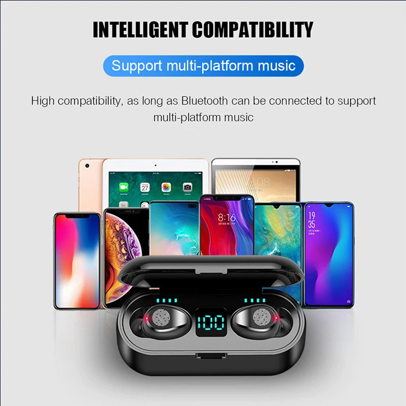 F9 TWS Wireless Bluetooth Earphone Headphone Sport Touch Mini Earbuds Stereo Bass Headset with 2000mAh Charging Case Power Bank 6