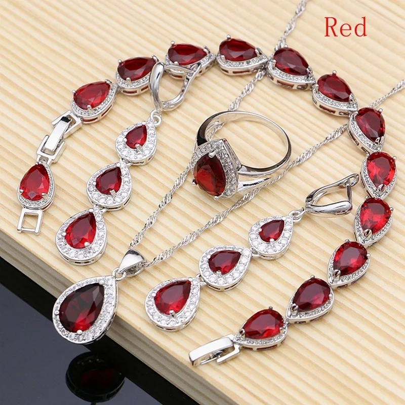 Silver Jewelry Set Jewelry Set Silver Jewelry Water Drop 925 Jewelry Red Ruby White Topaz Women Long Earrings/Pendant/Necklace/Rings/Bracelet