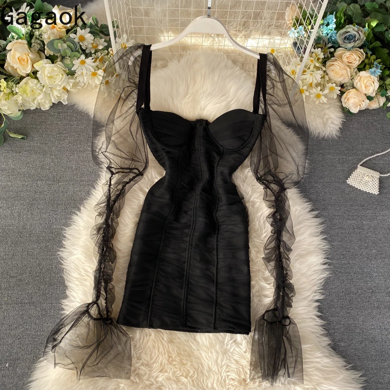 

Gagaok Women Vintage mini Dress Spring Autumn New Solid Mesh Puff Sleeve Sheath V-Neck Slim Bodycon Sexy Ladies Fashion Dresses