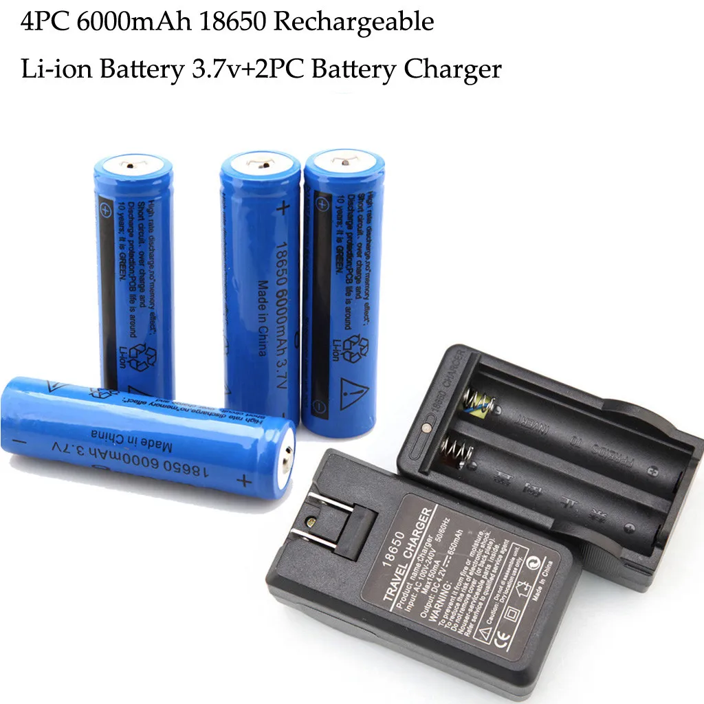 4 шт 6000mAh 18650 литий-ионная аккумуляторная батарея 3,7 v+ 2 шт зарядное устройство US портативная Удобная аккумуляторная батарея аккумулятор