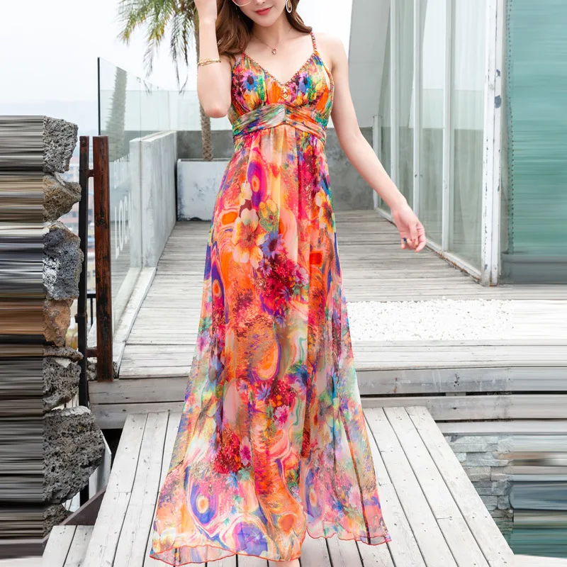 

Sexy Summer Dress Women 100% Real Silk Maxi Dresses Boho Beach Evening Party Dresses Ladies Strapless Floral Vestido 2090